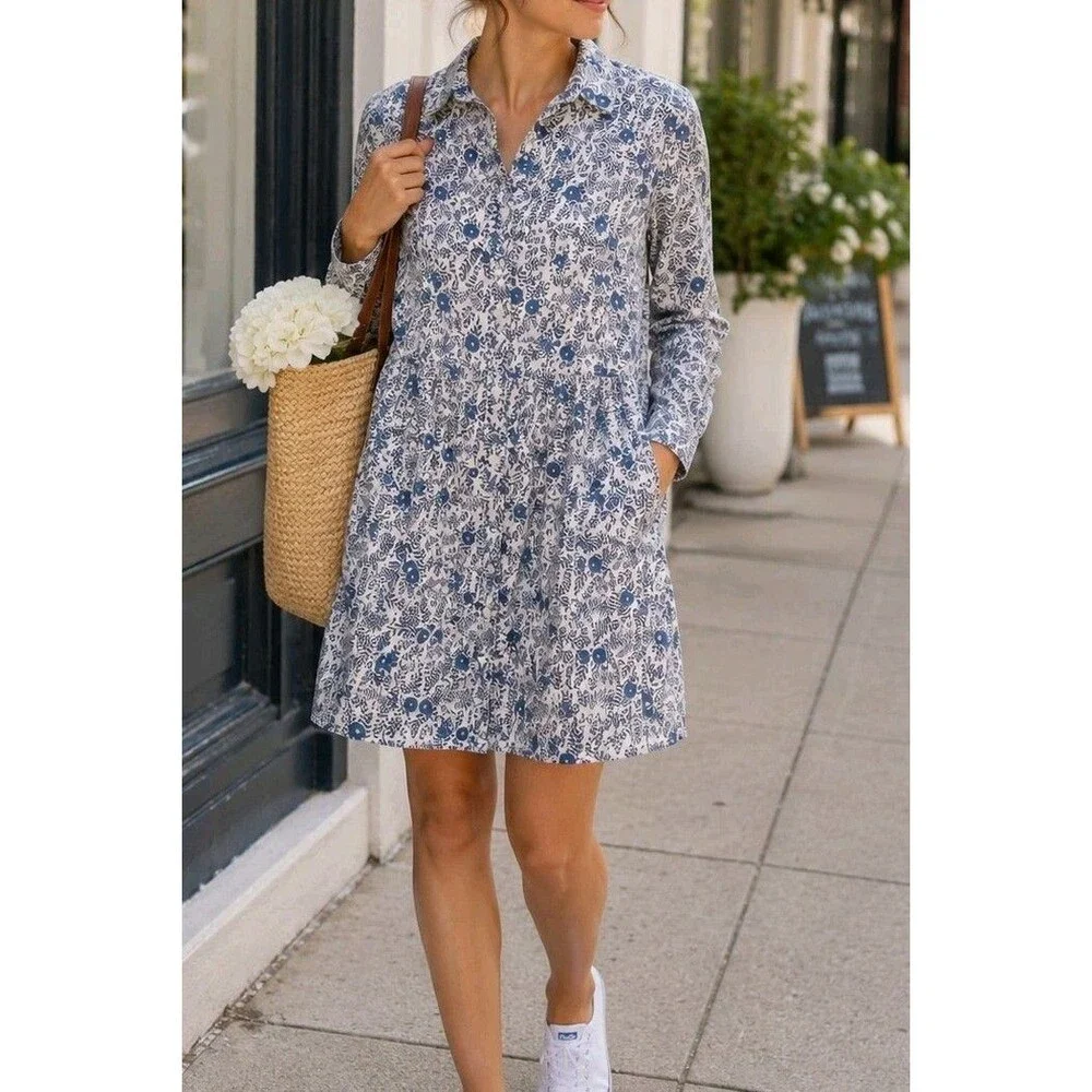 J.Crew Factory Floral Shirt Dress 8 Cotton Lined Blue White Mini PocketsCasual